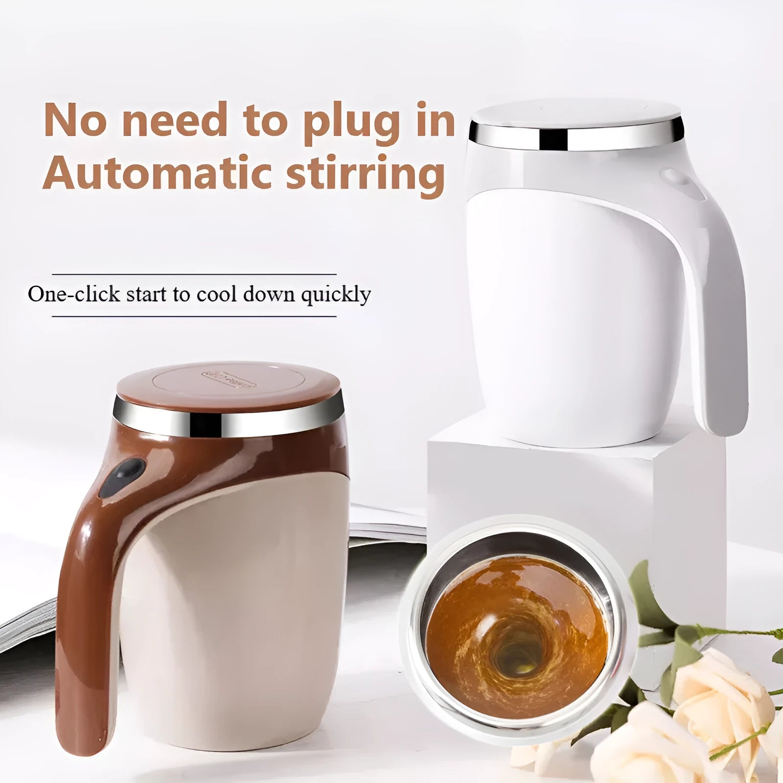 White rechargeable automatic magnetic stirring cup with stainless steel interior