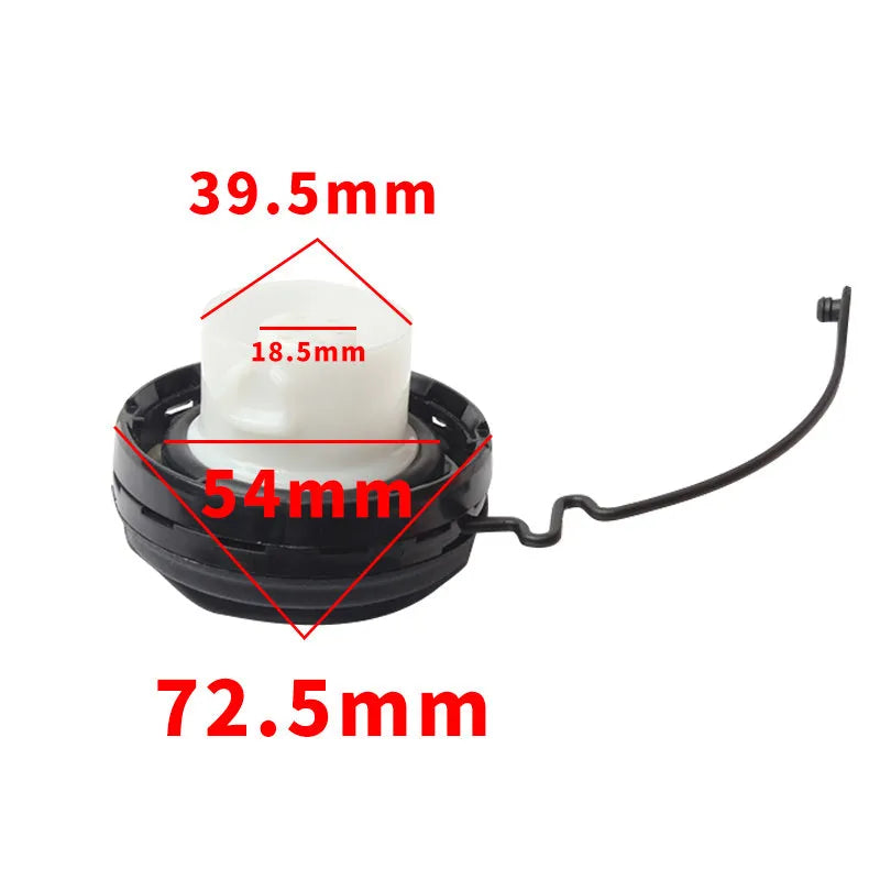 Toyota snap-type fuel tank cap showing 10.5 cm diameter and plastic construction