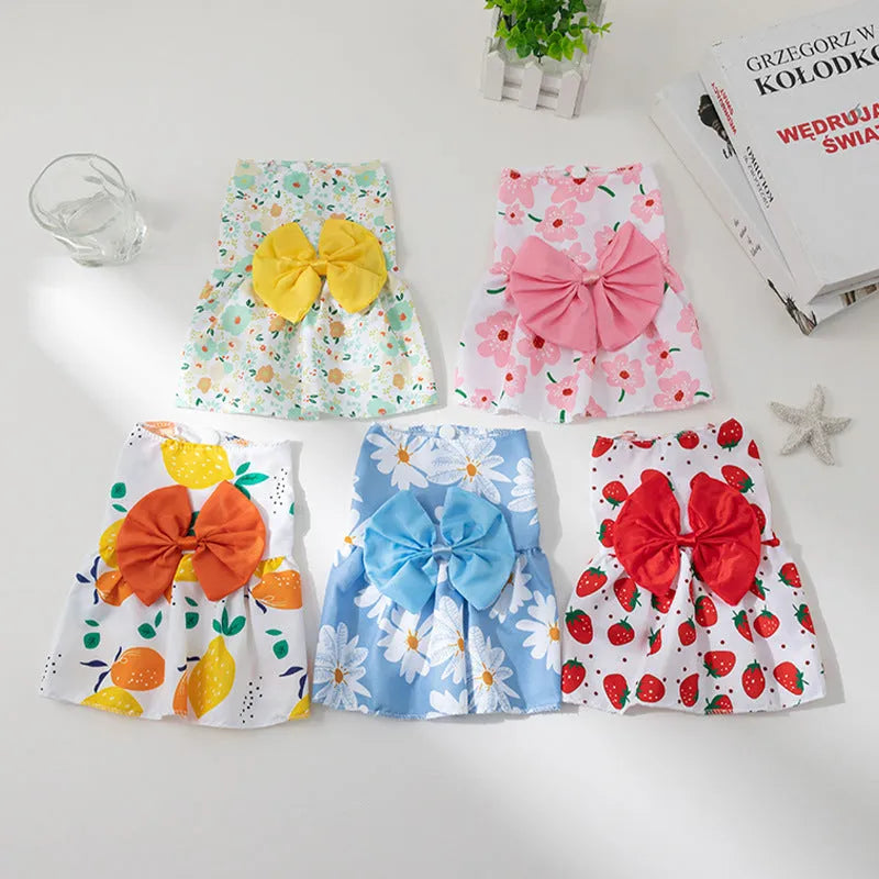 Ultra-thin polyester pet dress with floral butterfly knot in blue bow colour, size L for dogs or cats