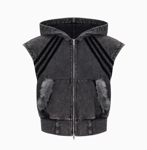 Korean style hooded sleeveless tank top and matching trousers set in black and grey colours