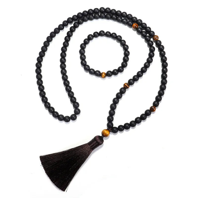 Tigereye stone beaded necklace and bracelet set with tassel pendant on adjustable cord