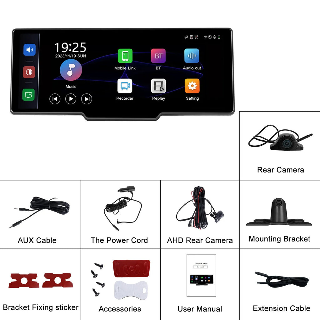 10.26-inch car DVR display unit with three-way camera system showing rear view footage on screen