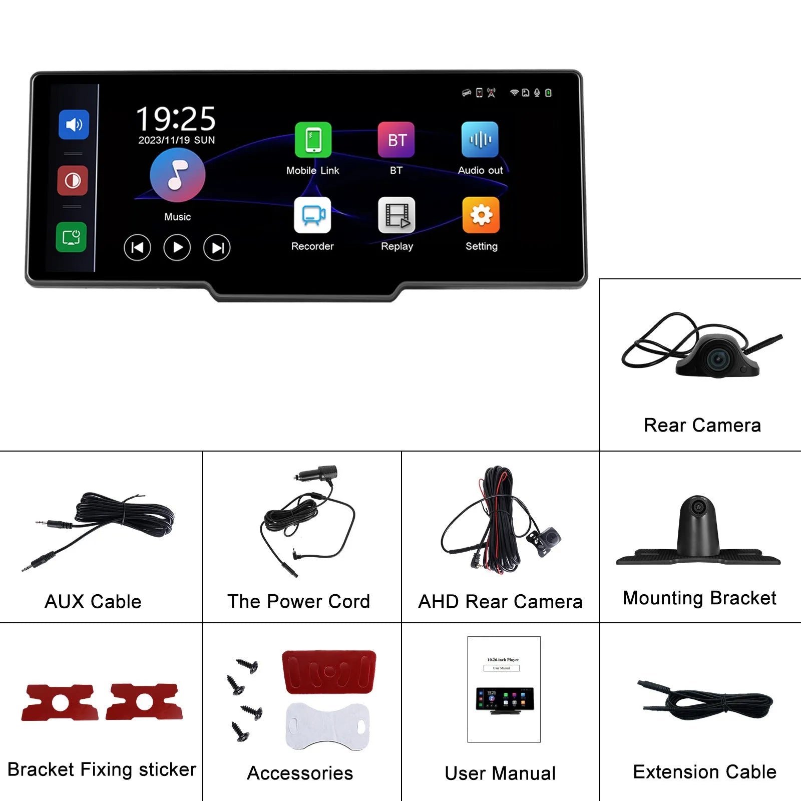 10.26-inch car DVR display unit with three-way camera system showing rear view footage on screen