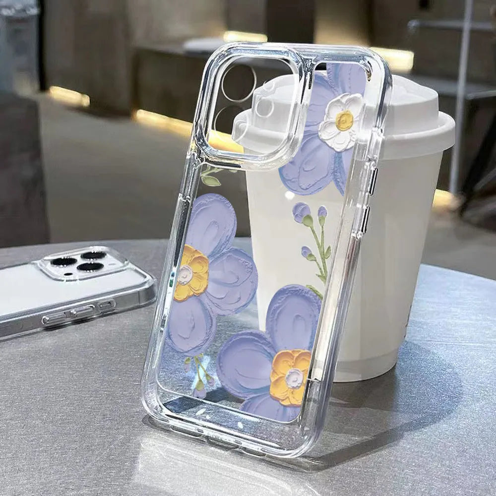 Transparent silicone iPhone case with carved antique flower pattern, shockproof and anti-fall, four colour options.
