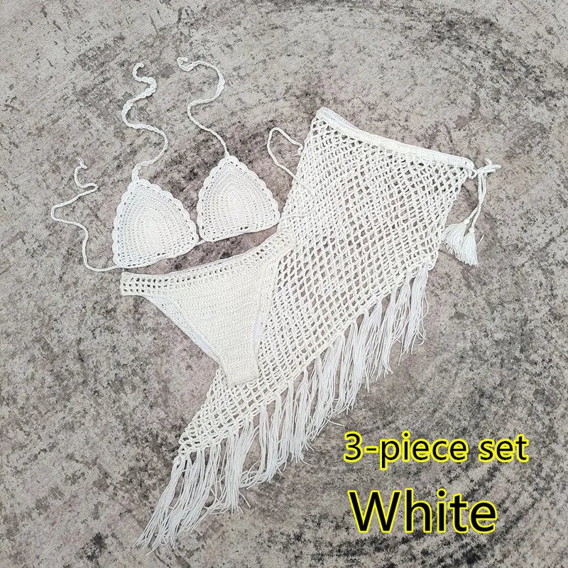 Handmade crochet bikini set with matching beach skirt in blue colour, showing three separate pieces