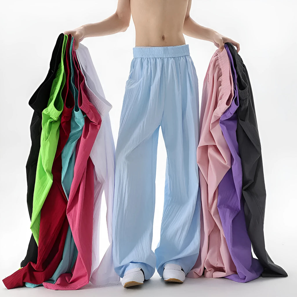 Men's wide-leg high-waist casual trousers in thin polyester blend, straight-leg drop fit, sizes M to 8XL, nine colours