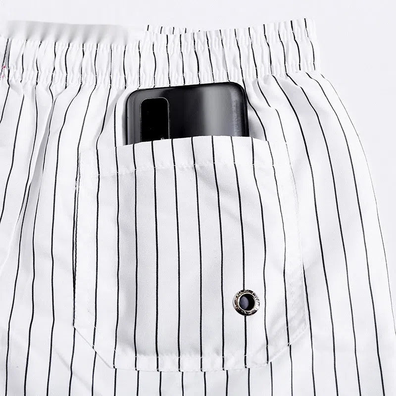 Men's white striped quick-drying polyester beach trousers, loose straight-leg lined summer pants