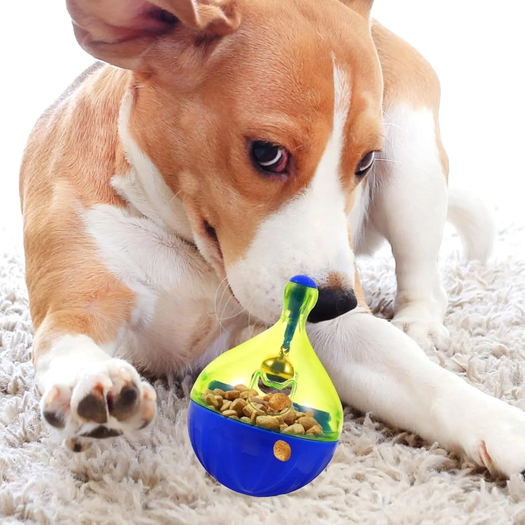 Tumbler-shaped pet treat dispenser ball for dogs and cats measuring 14x10x10cm