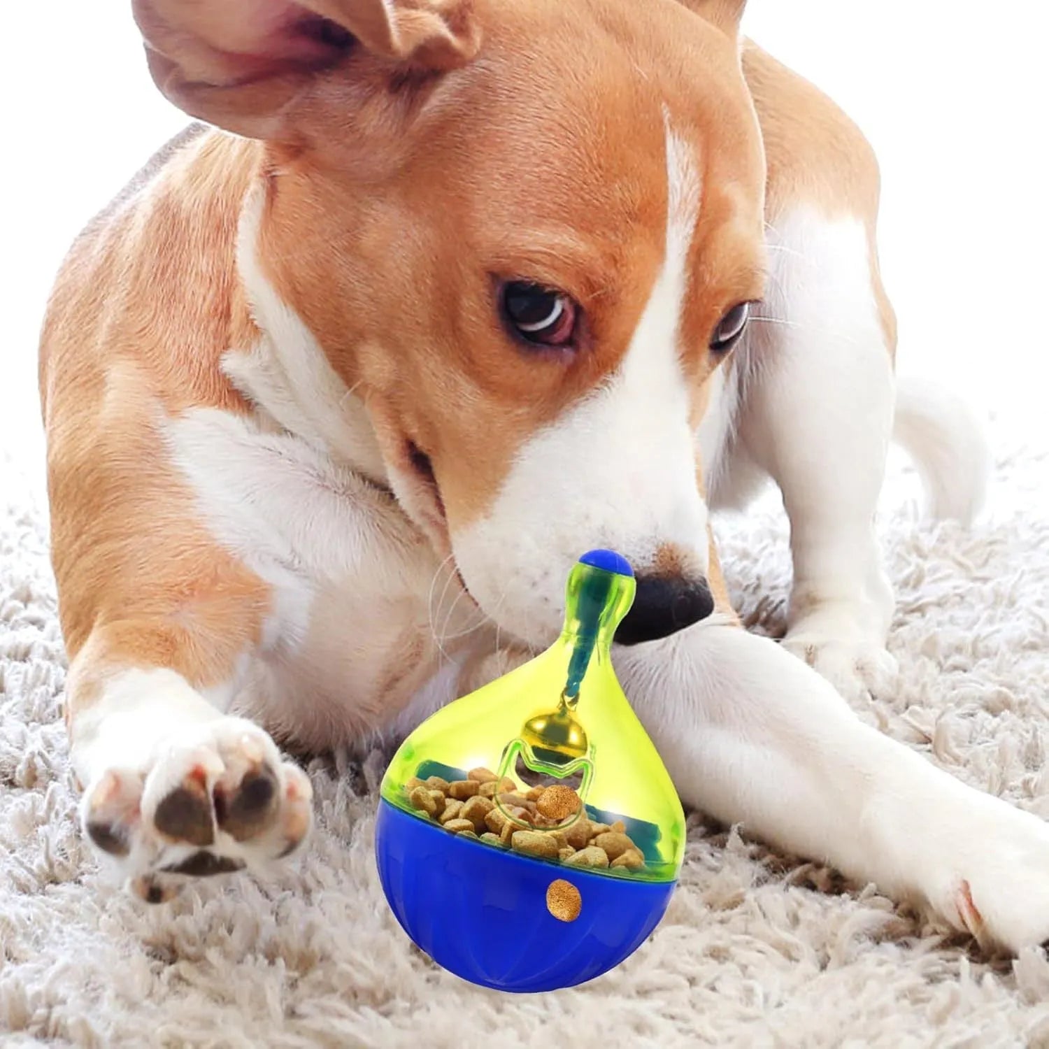 Tumbler-shaped pet treat dispenser ball for dogs and cats measuring 14x10x10cm