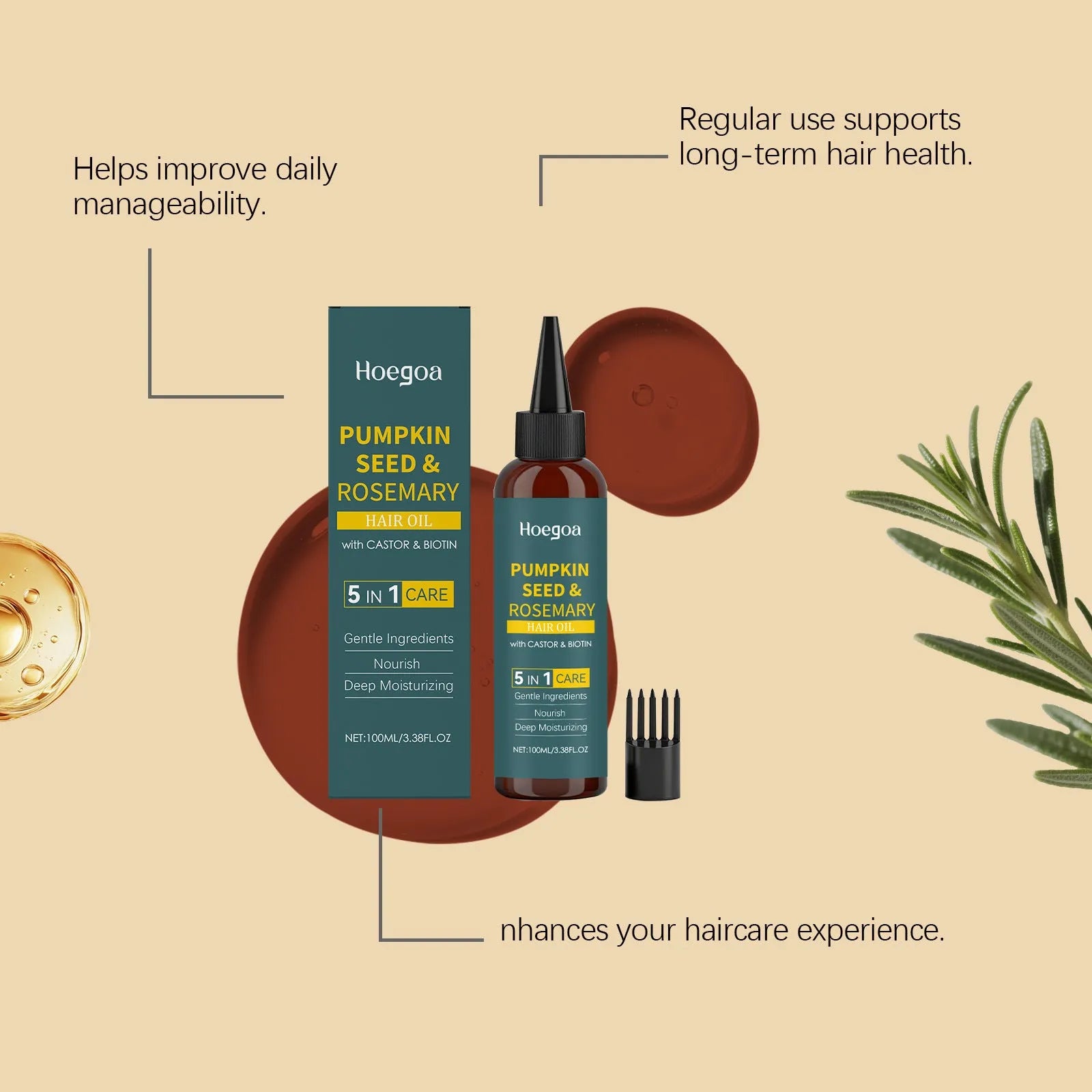 Rosemary hair care essential oil set showing 100ml bottle, pointed applicator tip, and hair comb for scalp treatment