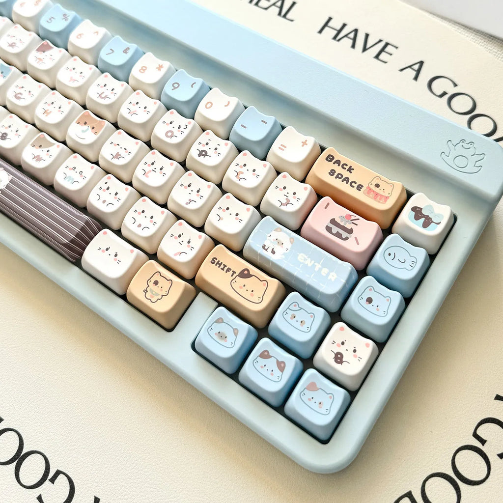 Sea salt cat design PBT keycap set showing 26-key layout with 7u spacebar supplement for mechanical keyboards