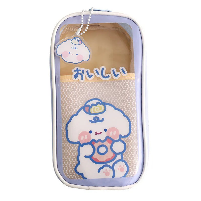Transparent PVC pencil case with cartoon design showing pens and pencils inside