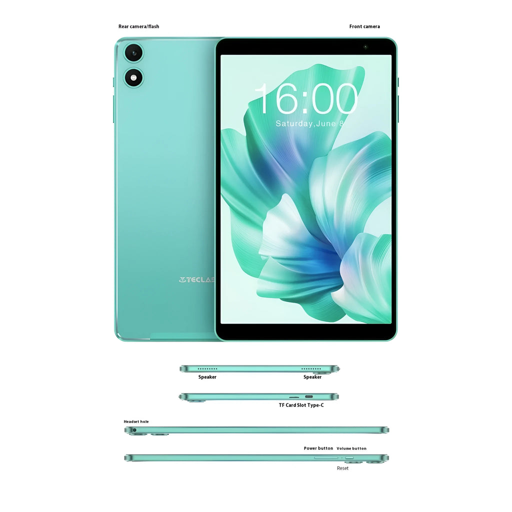 Android 13 8-inch HD tablet in green with 4GB 64GB storage and dual camera