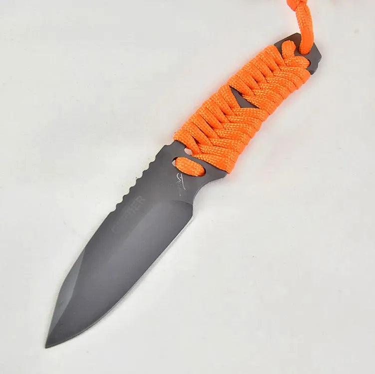 Outdoor camping rope knife with straight blade and ABS sheath showing measurements