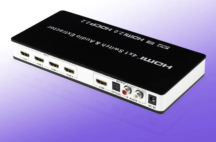 Black HDMI switch box with four input ports and one output port, shown with remote control and cable.