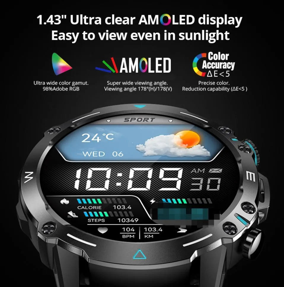 M42 Smart Watch in black, grey, or green colours on a wrist, showing the large AMOLED screen.