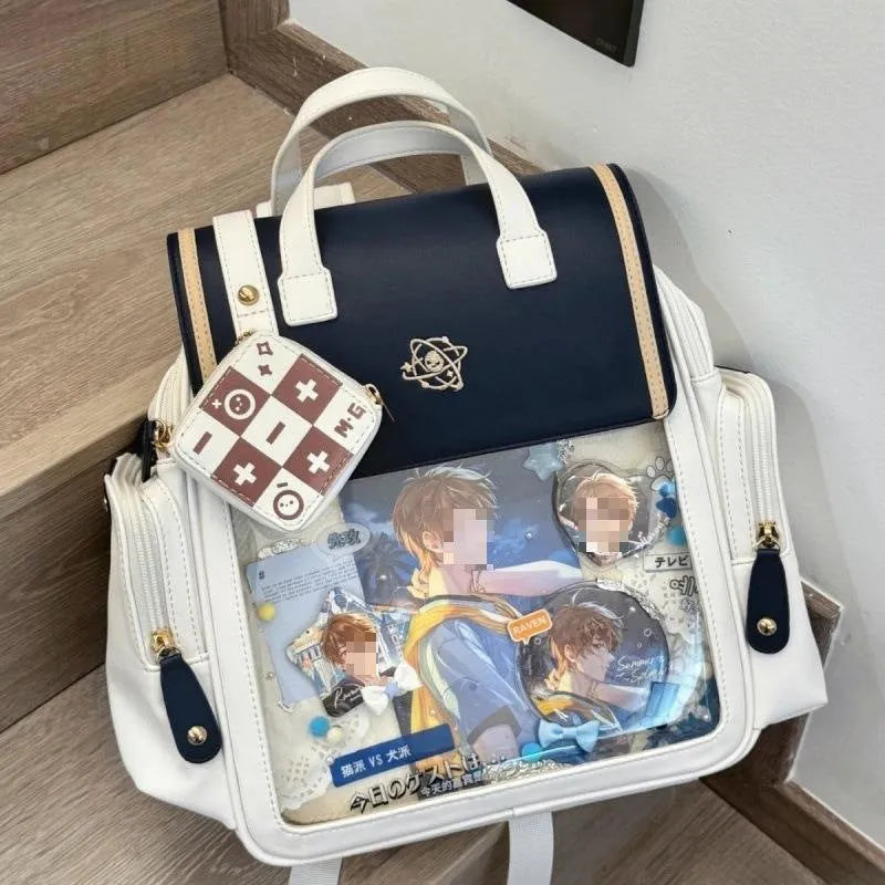 Japanese style transparent colour backpack in blue or brown with soft polyester body, sandwich pocket, and transparent rubber plate.