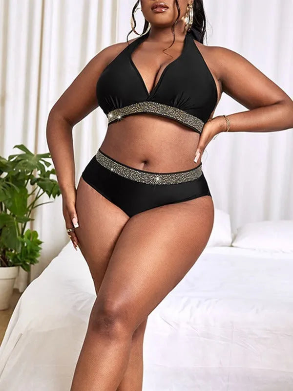 Black plus size women's bikini swimsuit with bra top and shorts, sizes 0XL to 4XL.