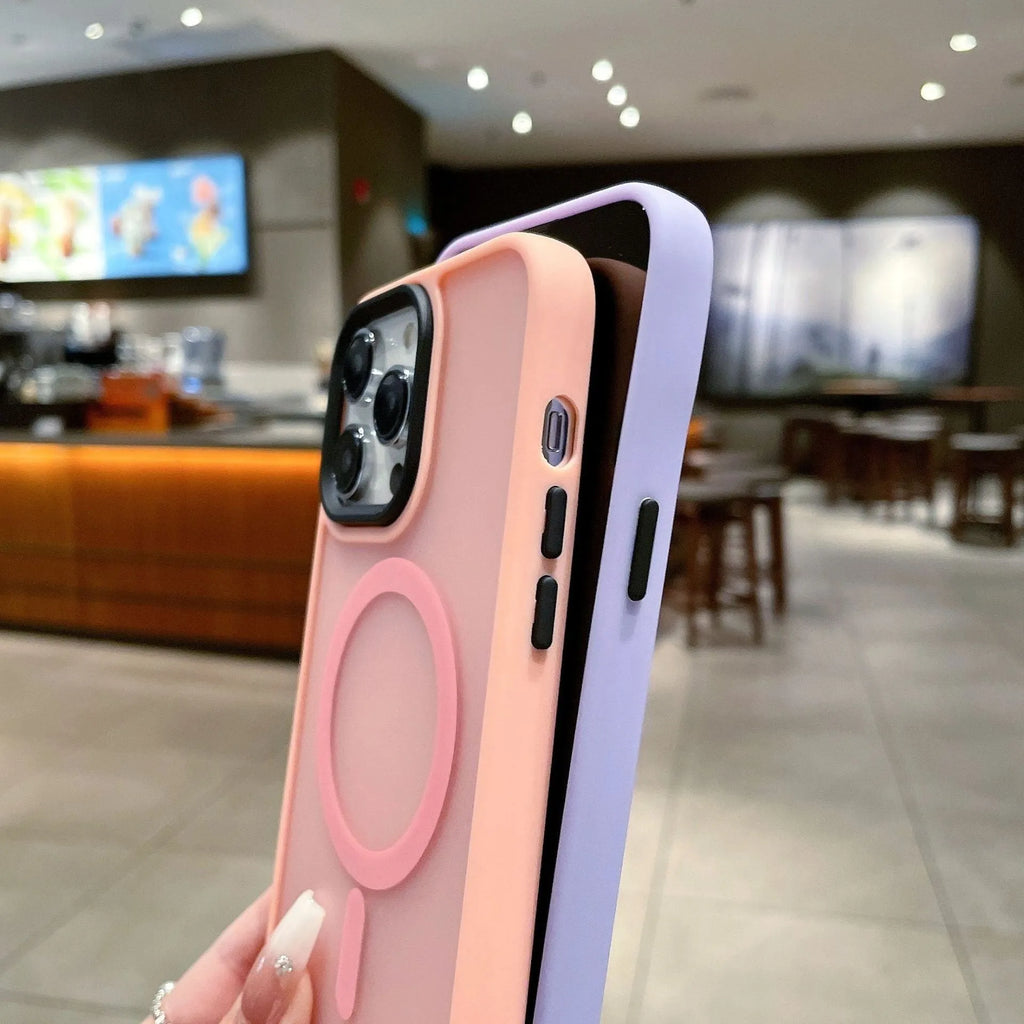 Frosted magnetic suction iPhone 16 phone case in dark purple colour showing shockproof anti-fall protection