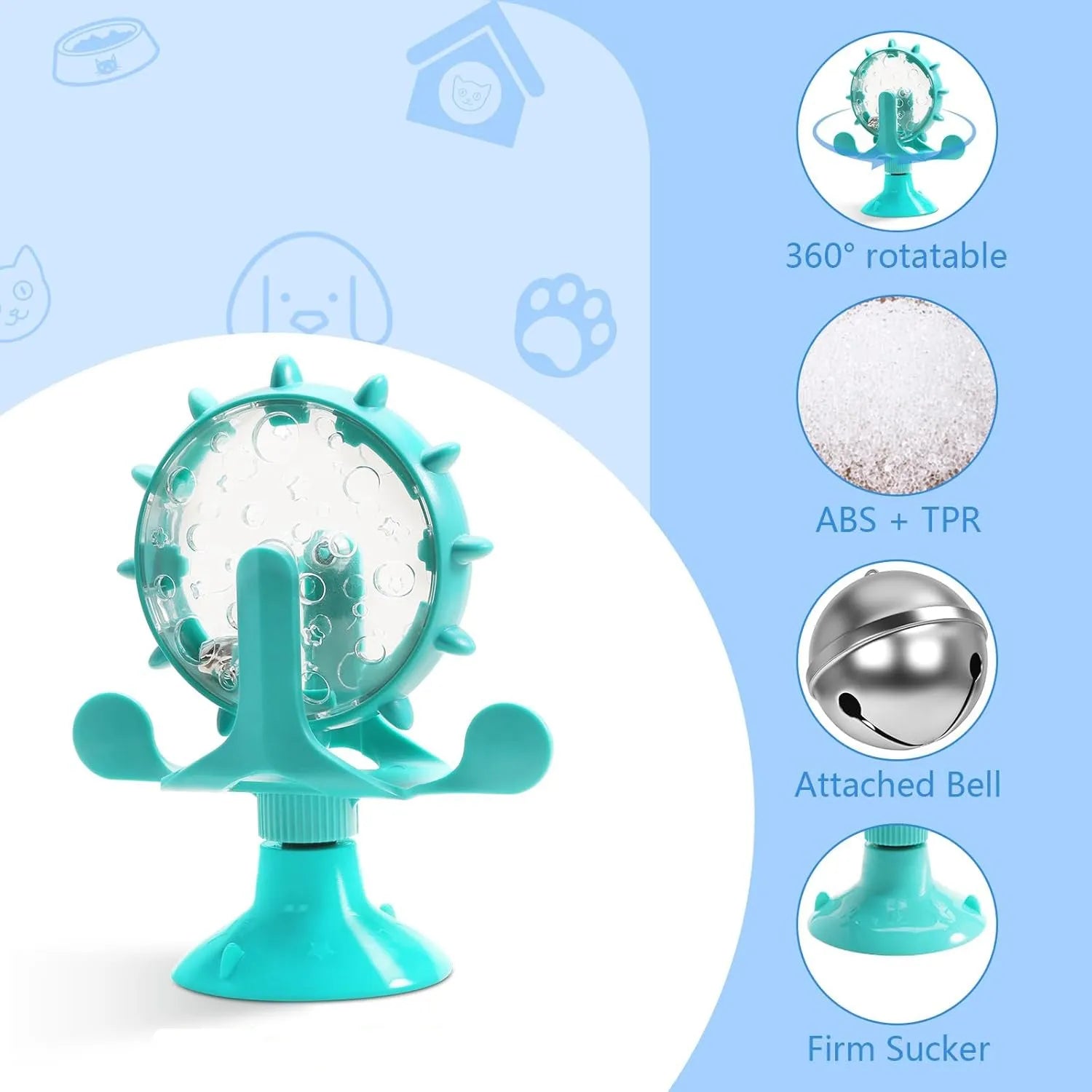 Interactive pet puzzle toy with rotating food dispenser and sucker base in blue, green, red, or yellow