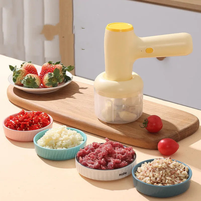 USB rechargeable electric garlic chopper with egg beater attachment in khaki or beige colour options