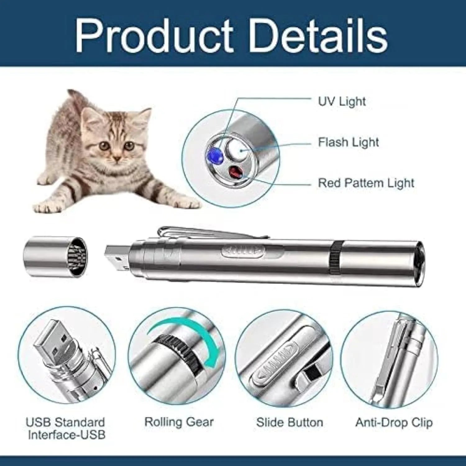 Silver aluminium alloy cat toy pointer with light patterns for indoor play, 19cm long