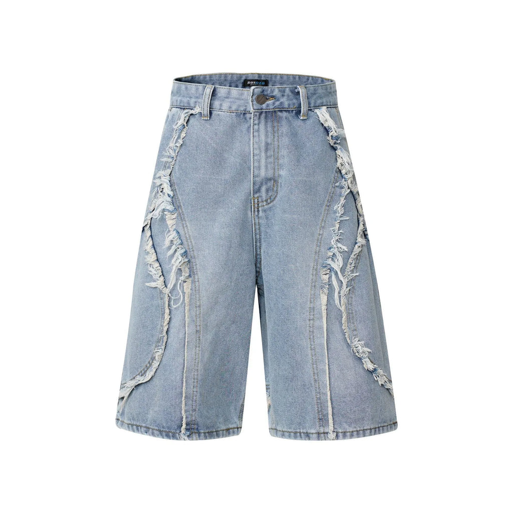 American Pu Shuai distressed denim shorts with raw-edge hems in straight-leg cropped style