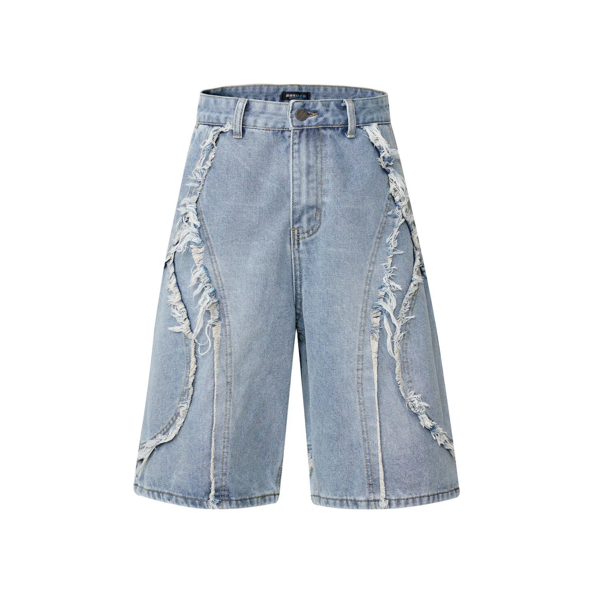 American Pu Shuai distressed denim shorts with raw-edge hems in straight-leg cropped style