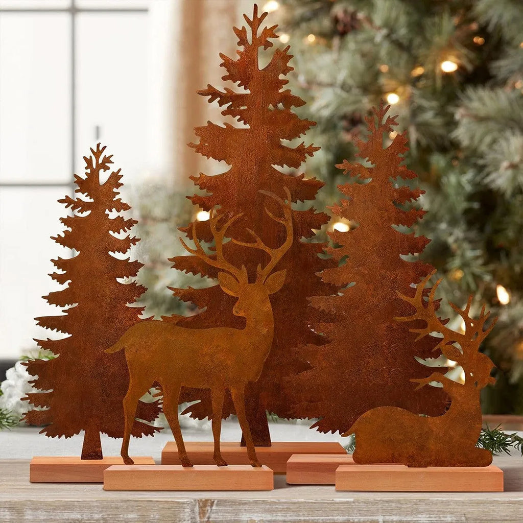 Three metal Christmas tree ornaments with elk designs, rusty iron finish, 15-25cm height