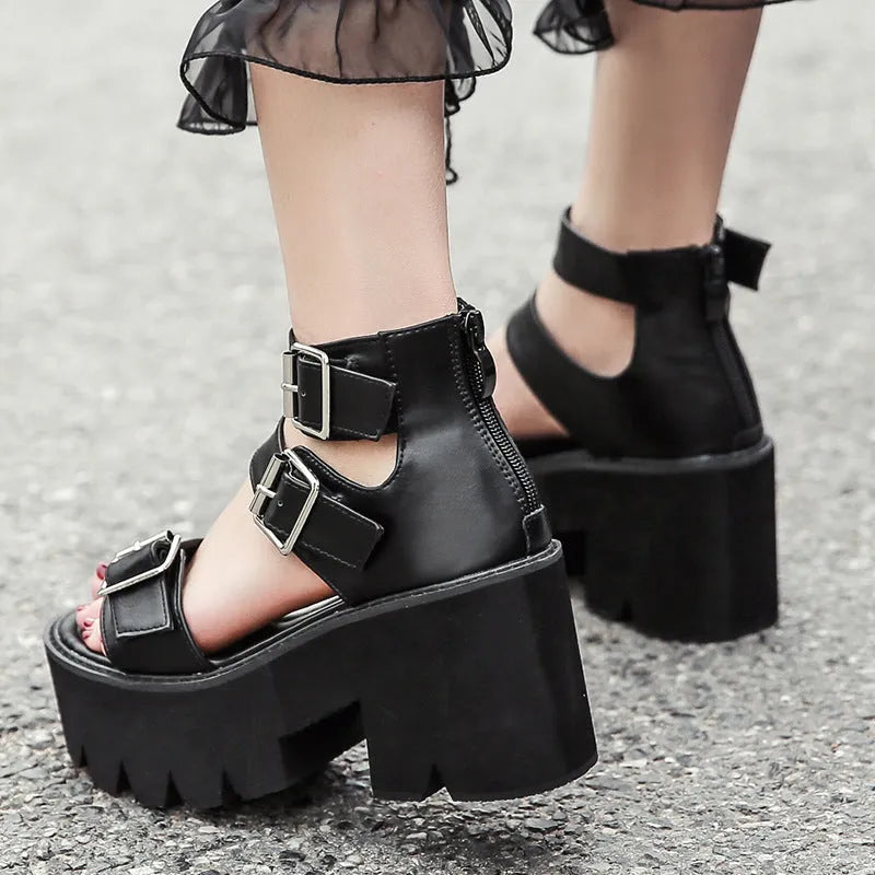Black women's punk Harajuku style sandals with chunky heel, thick bottom, back zipper, and buckle detail