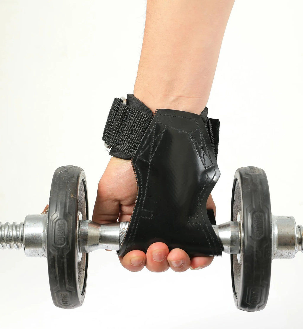 Black rubber non-slip weightlifting palm protectors with an assist belt for rock climbing.