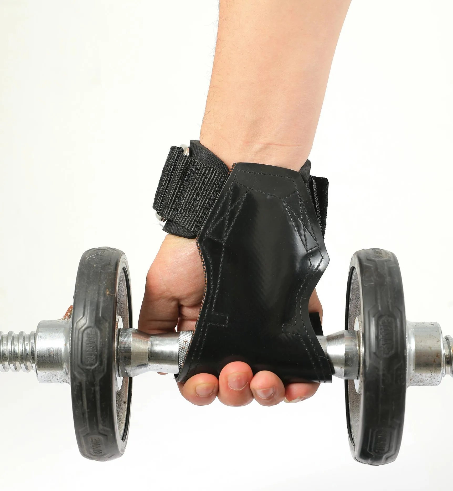 Black rubber non-slip weightlifting palm protectors with an assist belt for rock climbing.