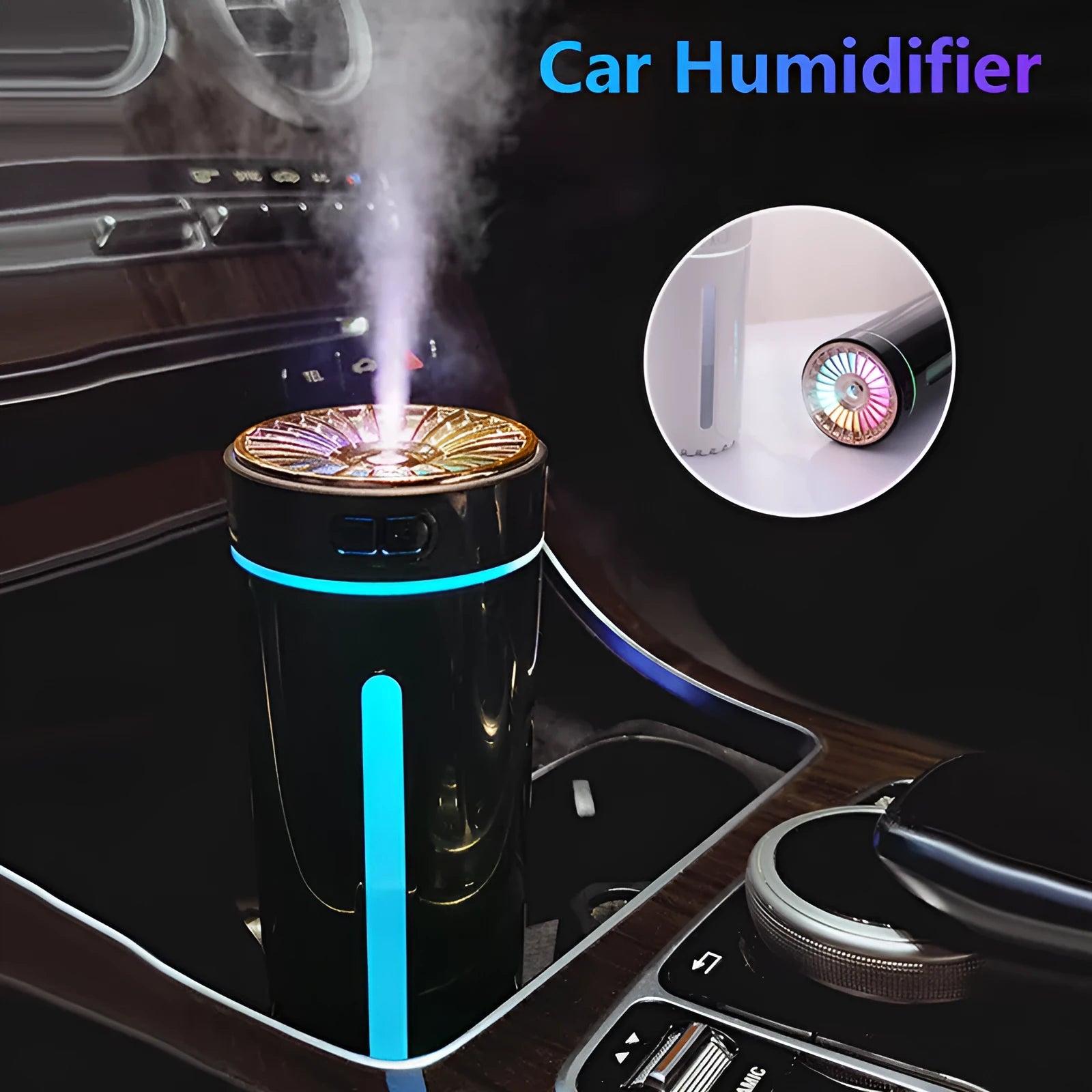 Black portable USB rechargeable humidifier with colourful LED lights on a car cup holder.