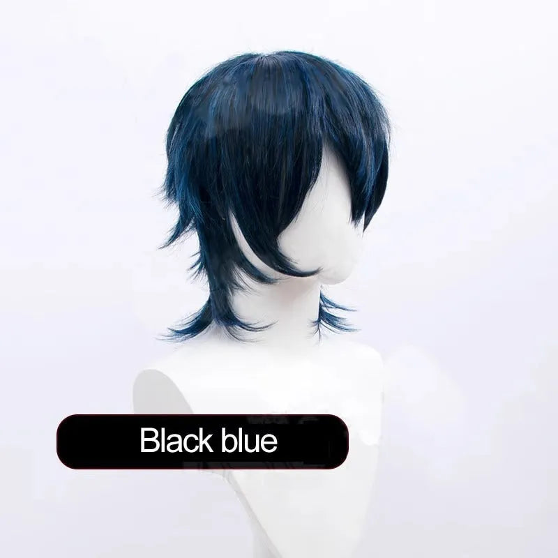 Short black anime-style cosplay wig for men on a stand
