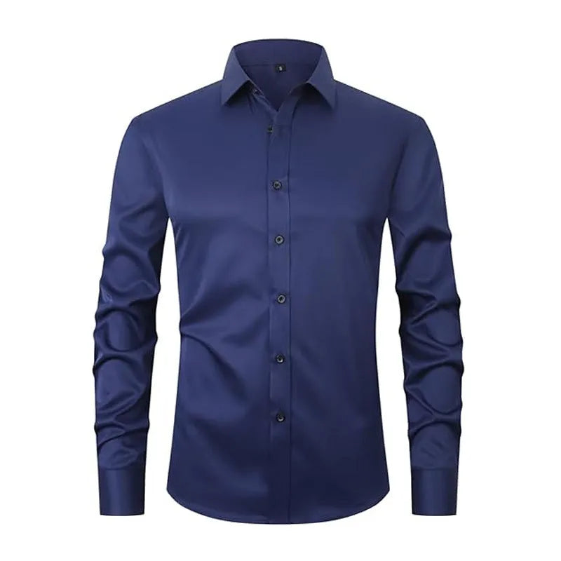 Men's stretch long sleeve work shirt in polyester fabric, showing size range and colour styles like 2-706