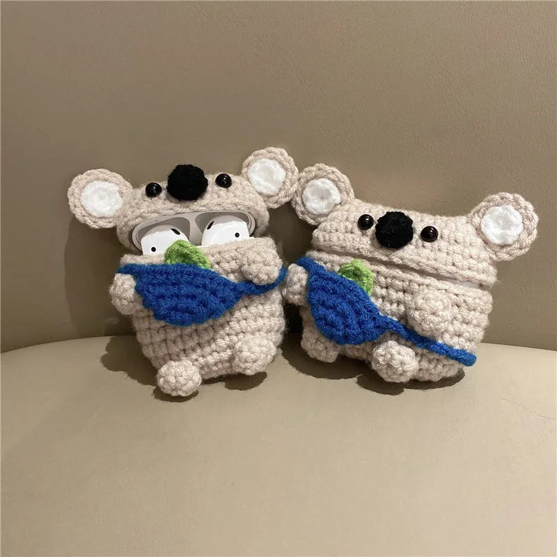 Handmade knitted koala bear backpack cover for AirPods protection with embroidered features