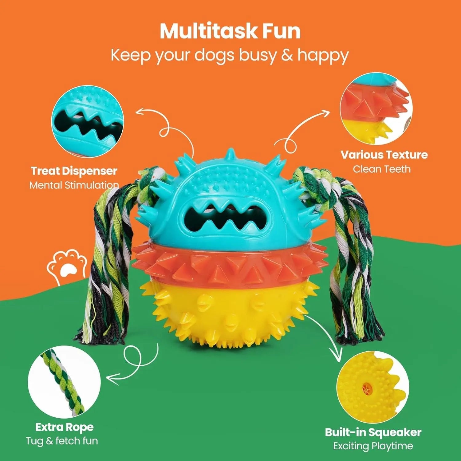 Blue and red squeaky dog toy with treat dispenser and dental care bumps for aggressive chewers