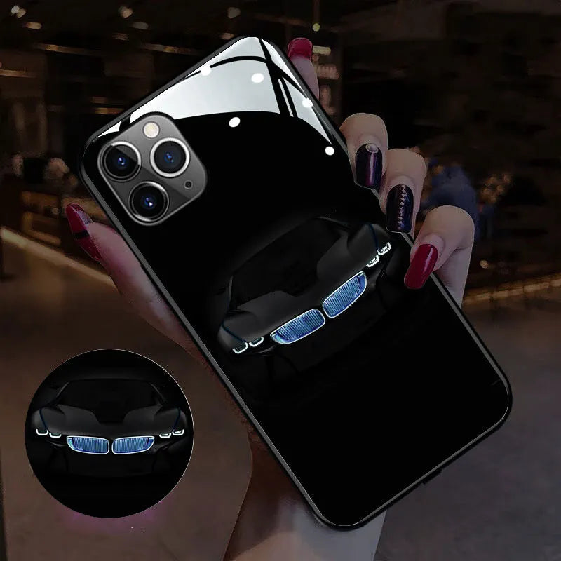 Luminous mobile phone case with call flash, TPU and glass back cover, available in multiple patterns for iPhone Samsung Xiaomi.