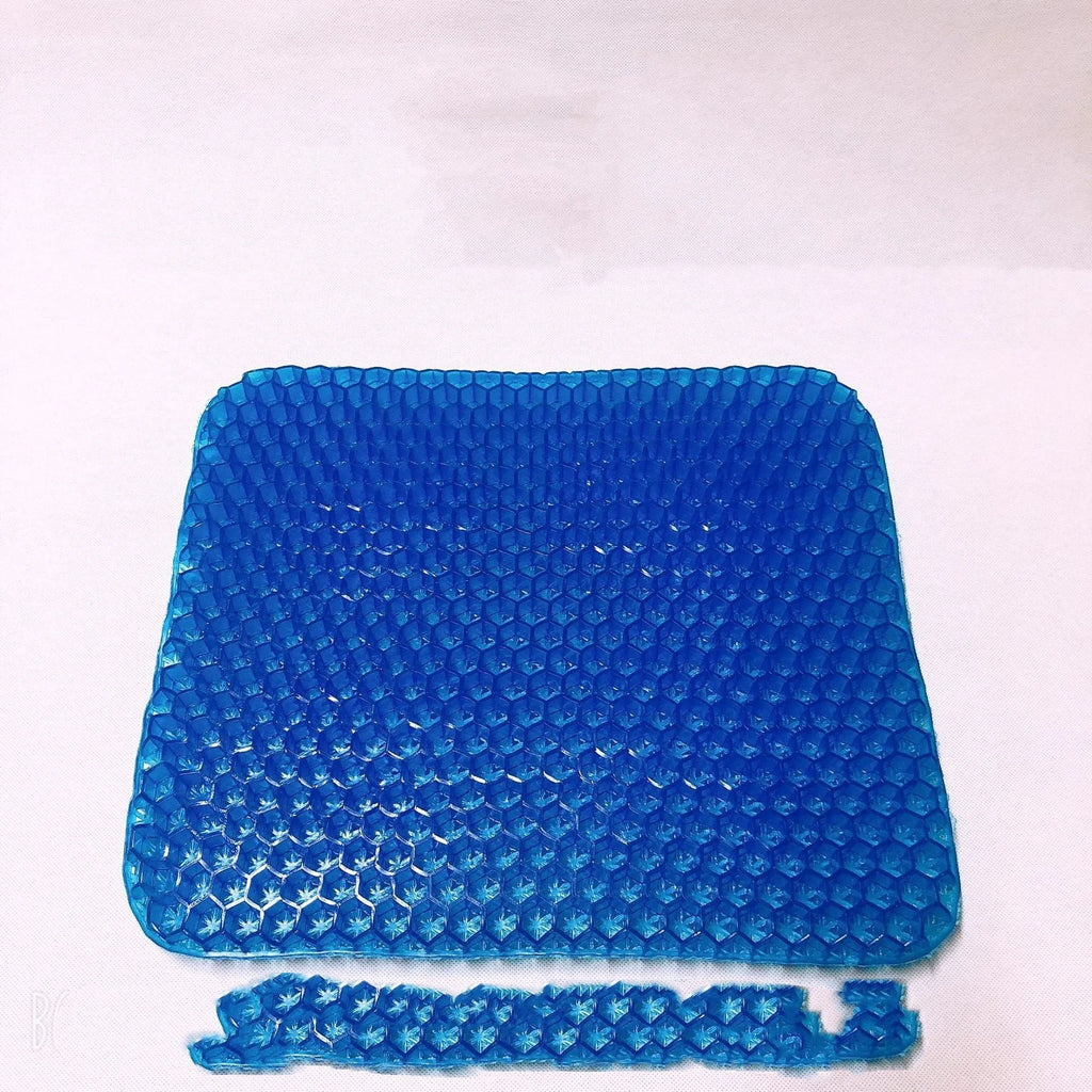 Summer gel seat cushion with honeycomb design for pressure relief and cooling, measuring 24.5cm by 17.5cm by 3cm