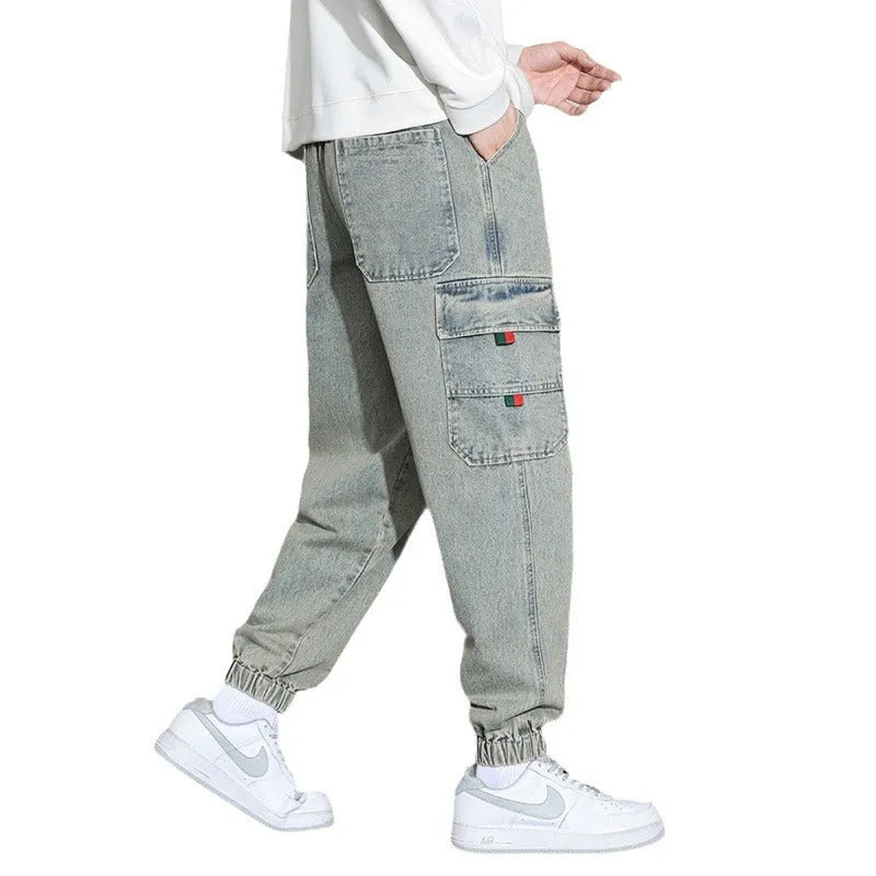 Men's retro workwear jeans in grey, black, blue, or retro colour, loose fit cotton trousers with zip fly, sizes M to 4XL.
