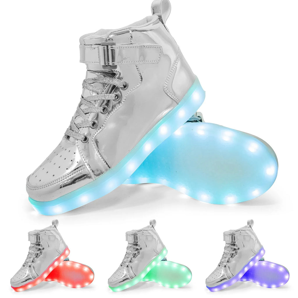 LED high-top shoes with illuminated soles in black colour showing Velcro fastening and rubber sole