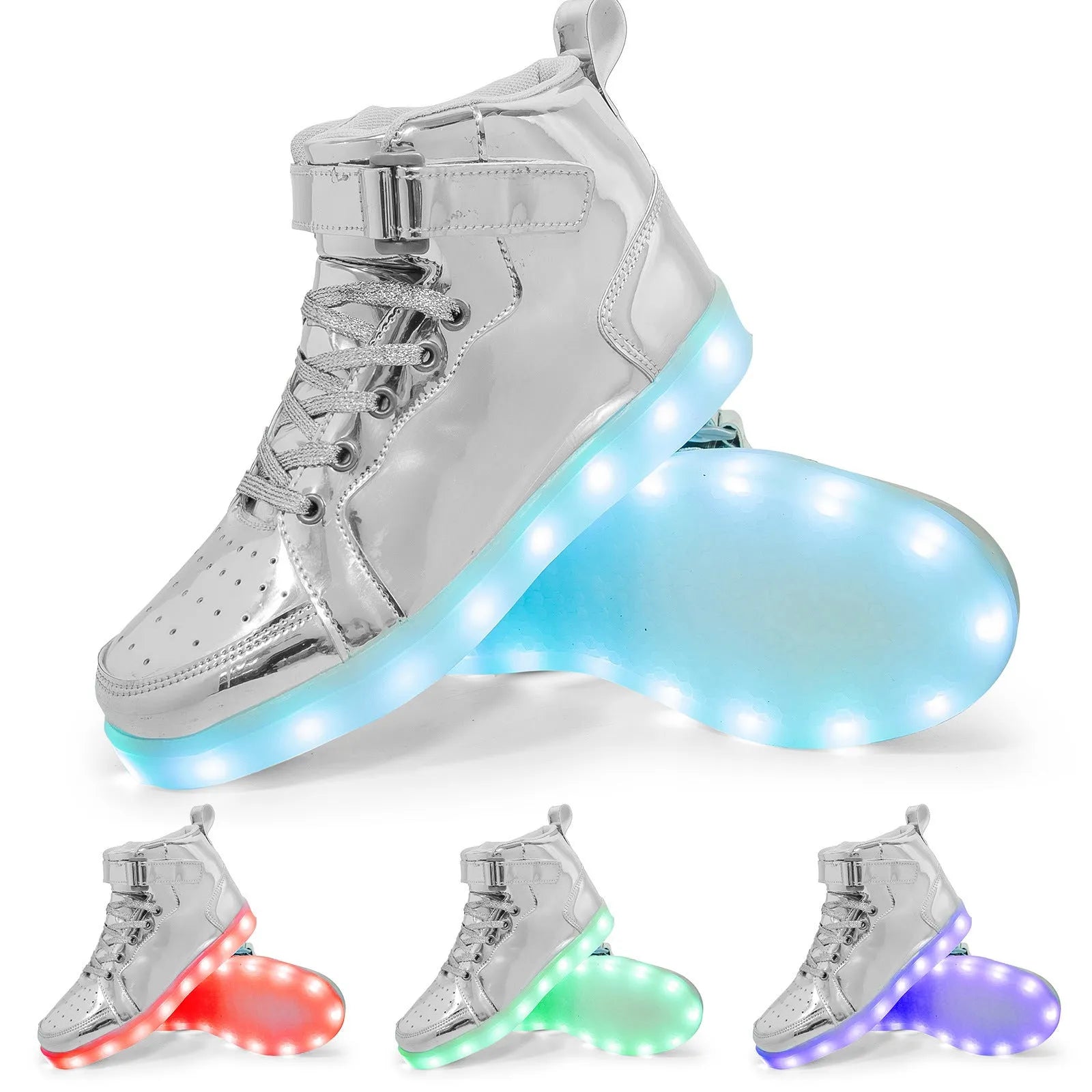 LED high-top shoes with illuminated soles in black colour showing Velcro fastening and rubber sole