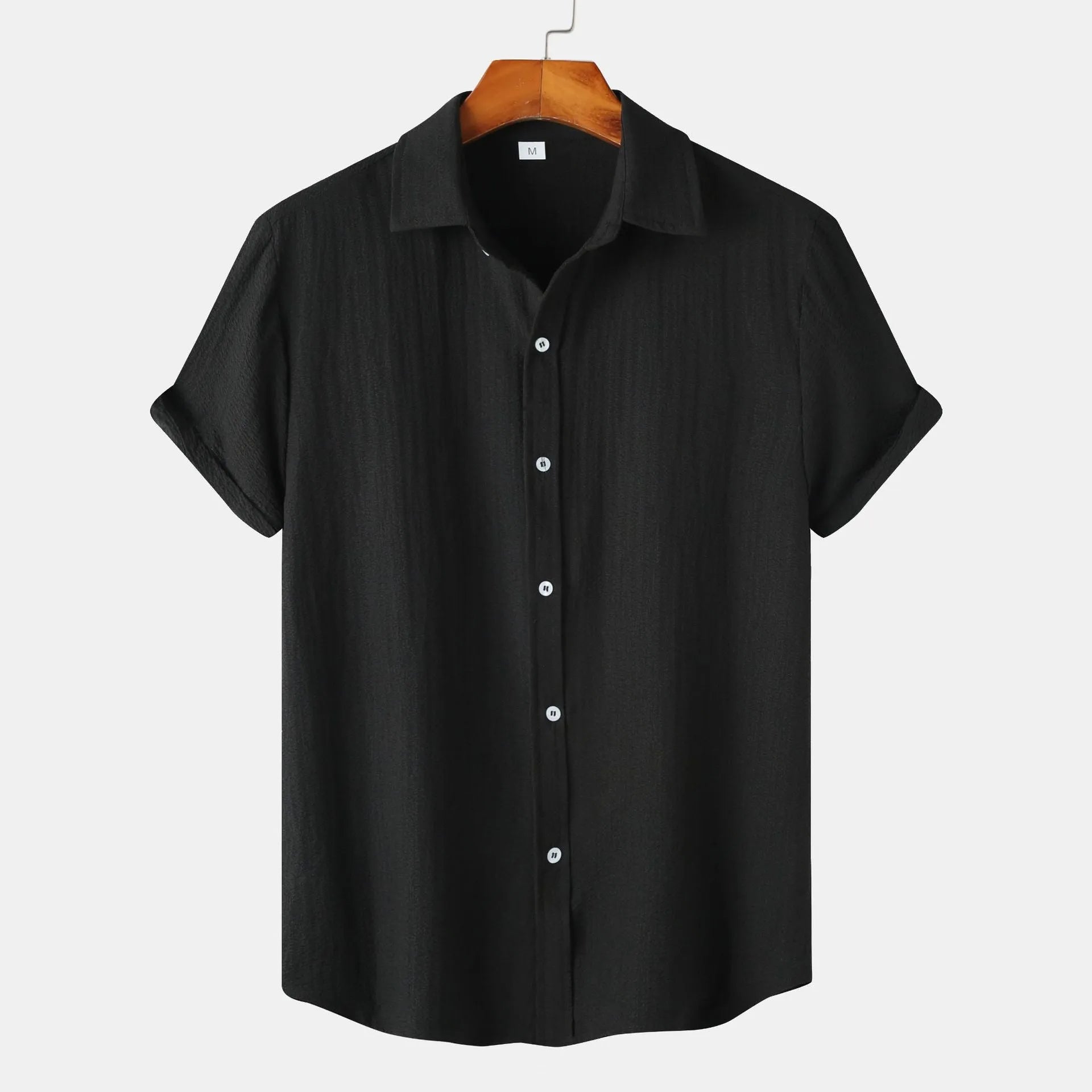 Men's casual short-sleeved cardigan shirt in polyester, shown in various colours and sizes.