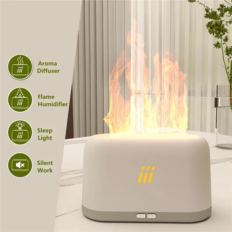 Black flame aroma diffuser humidifier with LED lights creating flame effect on wooden table