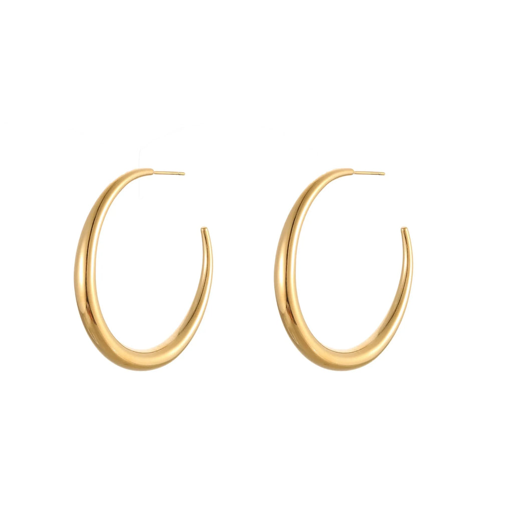 Gold and steel coloured titanium steel hoop earrings for women in large and small sizes.