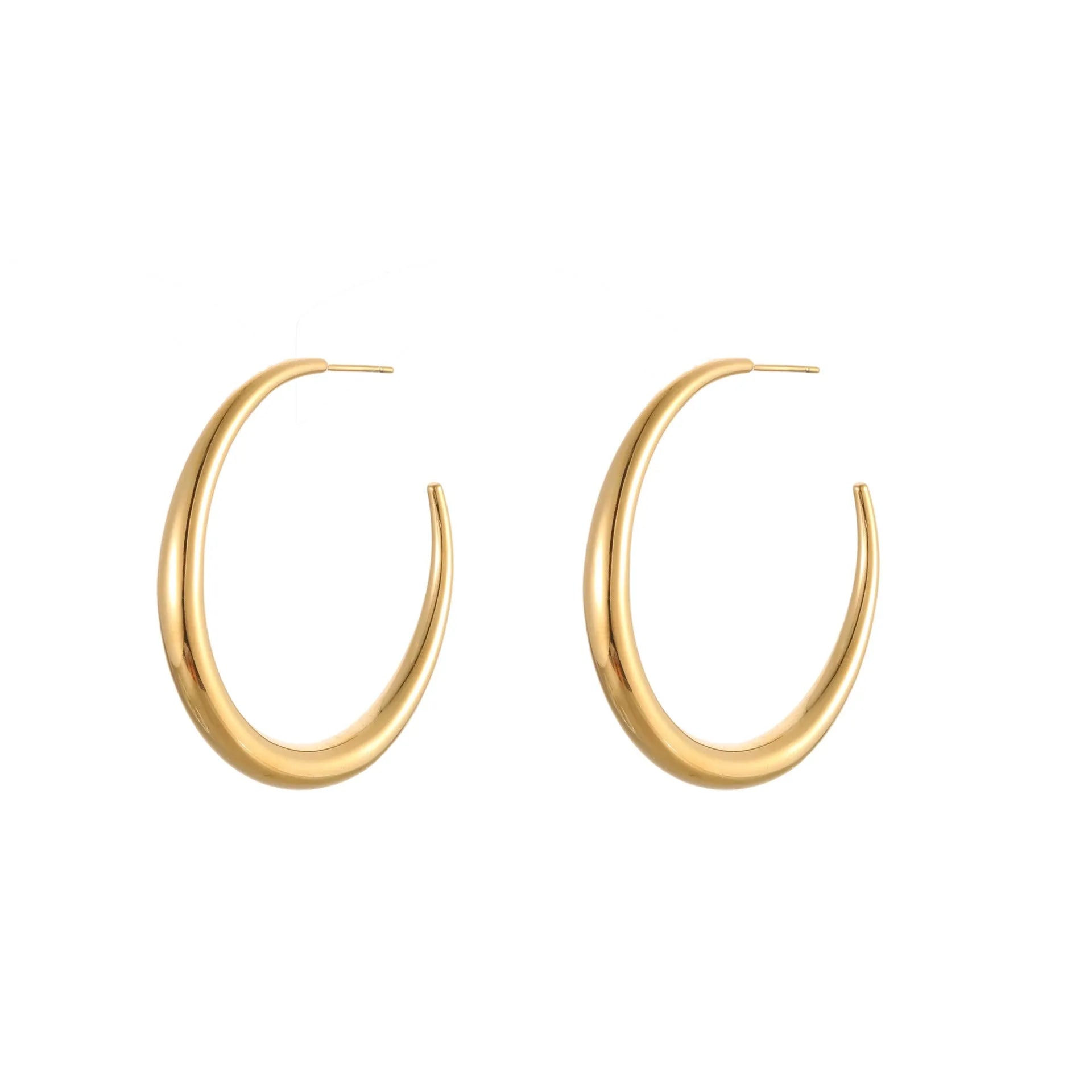 Gold and steel coloured titanium steel hoop earrings for women in large and small sizes.