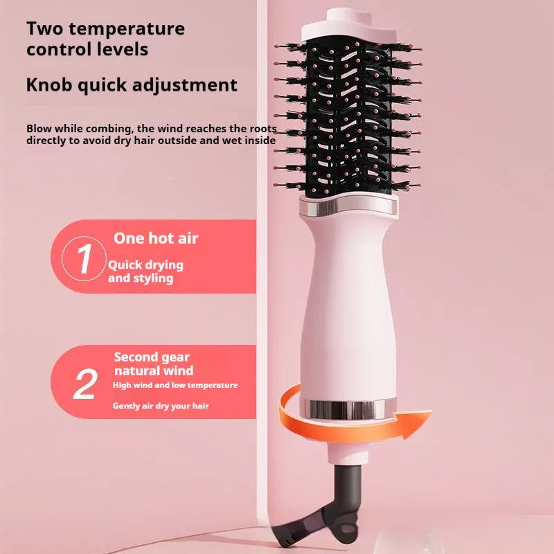 Pink dual-function hair dryer curling comb with heating and cooling features, model YZM-8015