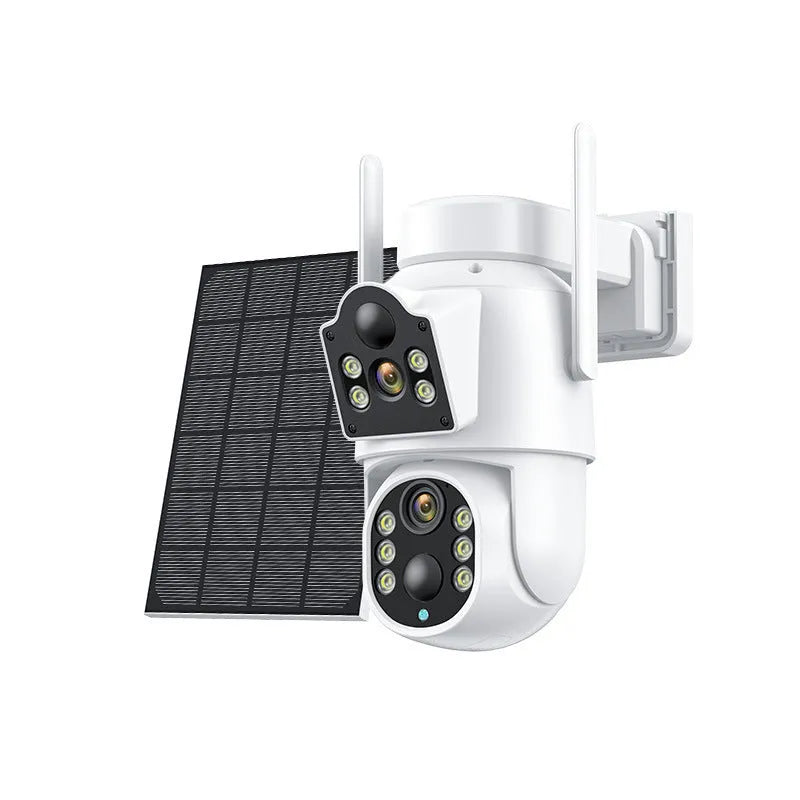 White wireless outdoor security camera with solar panel on a wall bracket.