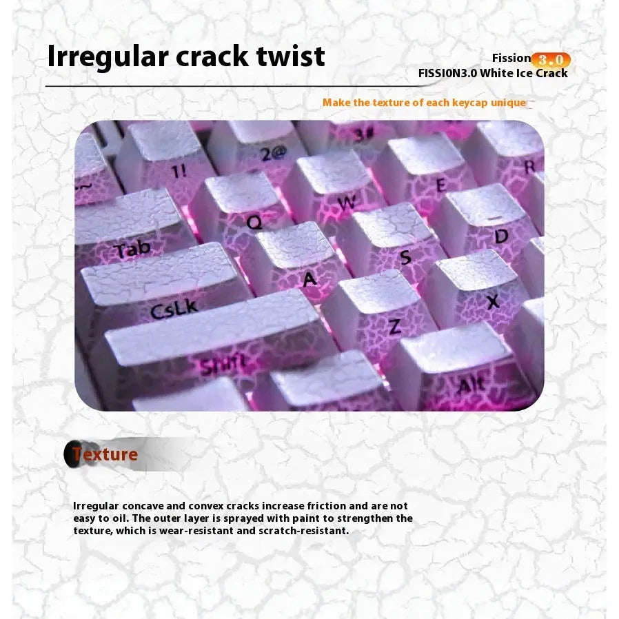 White double-stitched transparent PC keycap set for Qingying mechanical keyboards on a white background.