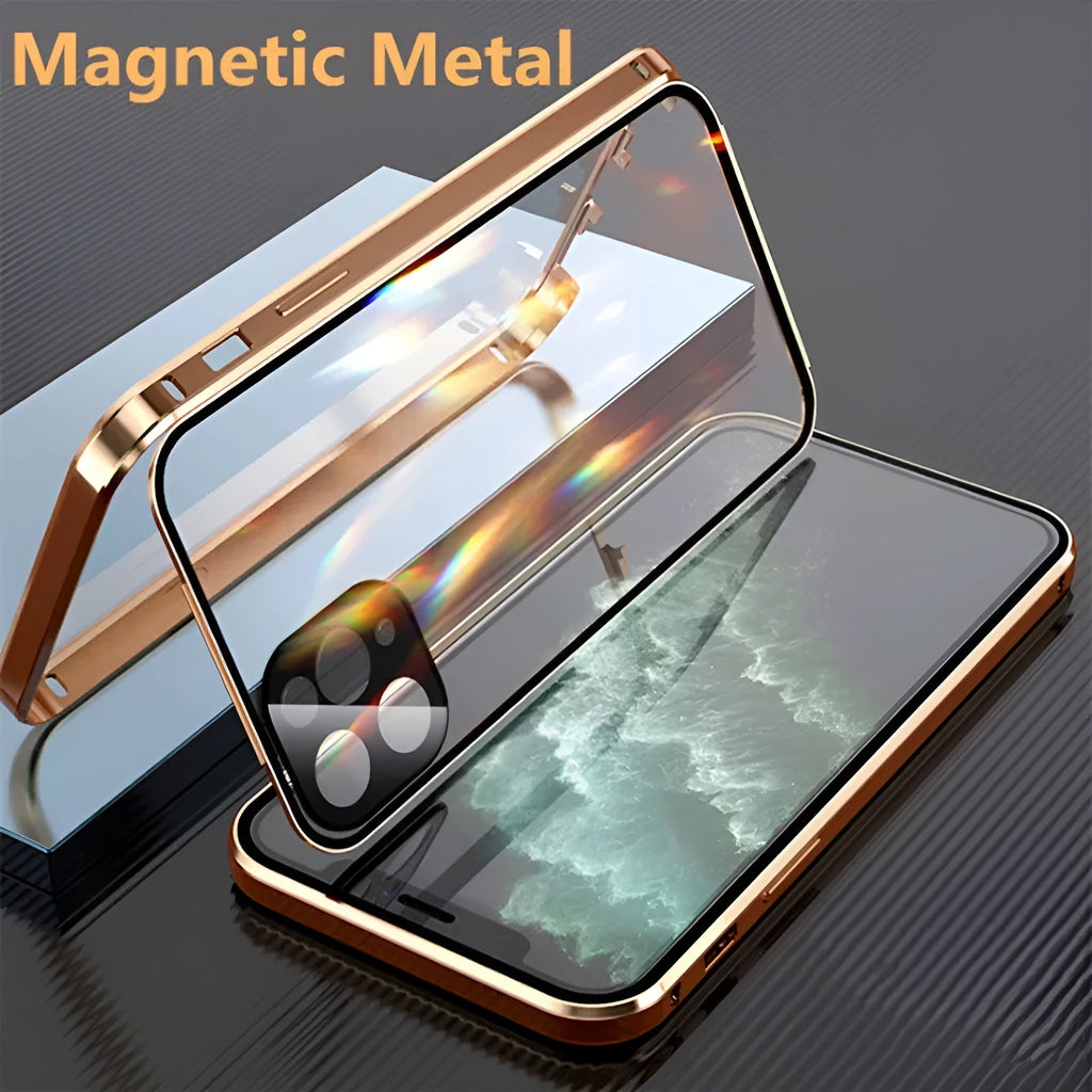Black magnetic metal bumper iPhone case with a clear tempered glass back panel.